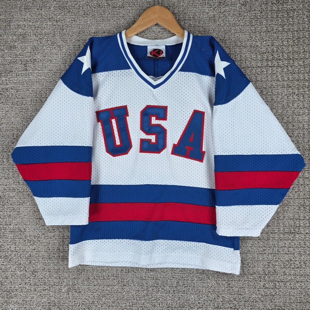 Vintage K1 Sportswear USA Hockey Jersey Kids Youth Medium White Blue Red Mesh
